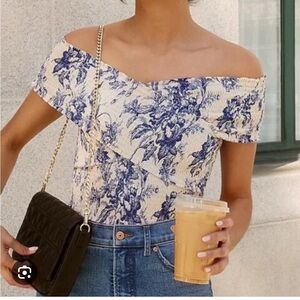 Express Blue and Cream Floral Off-Shoulder Blouse